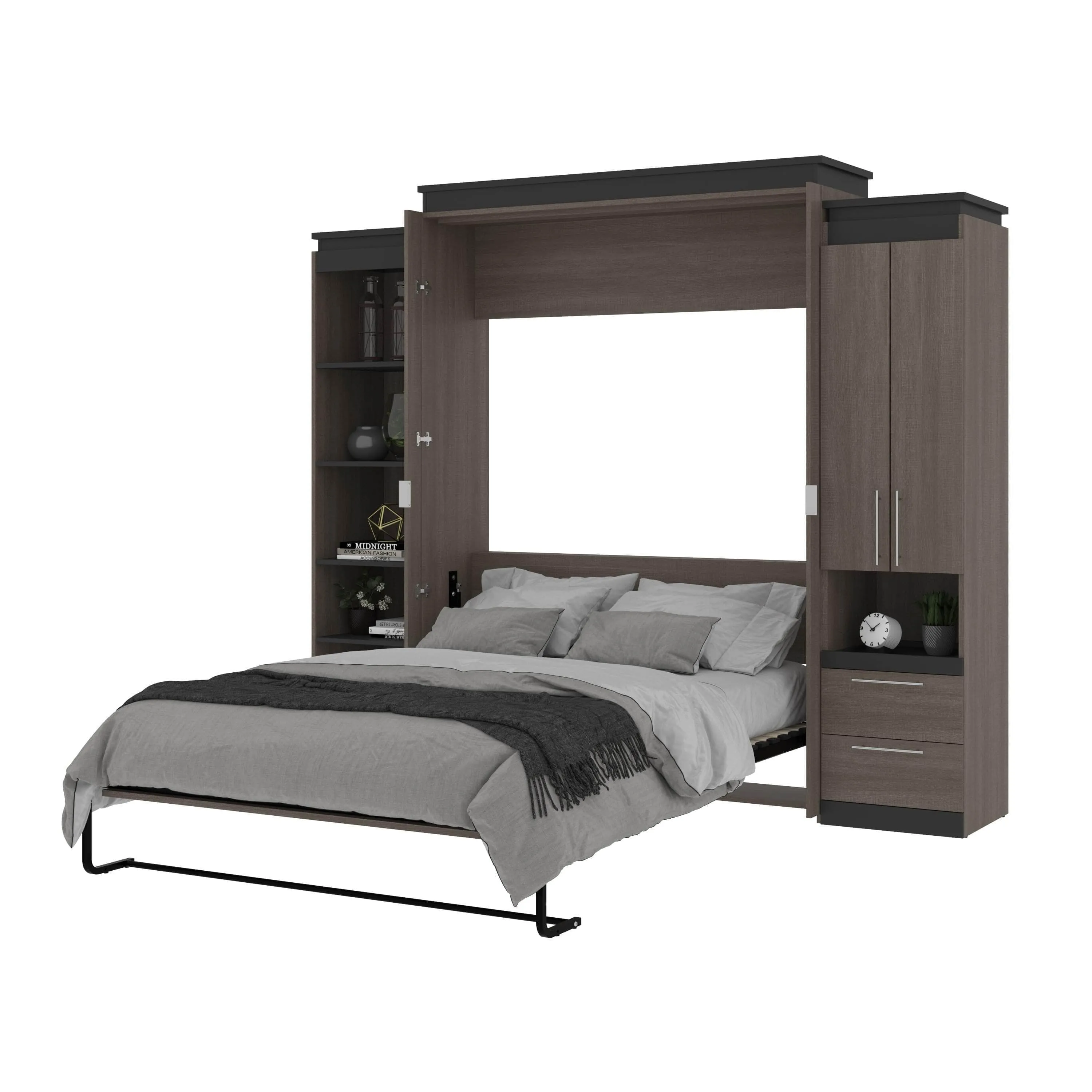 Orion 104"W Queen Murphy Wall Bed with Narrow Storage Solutions - Available in 2 Colours