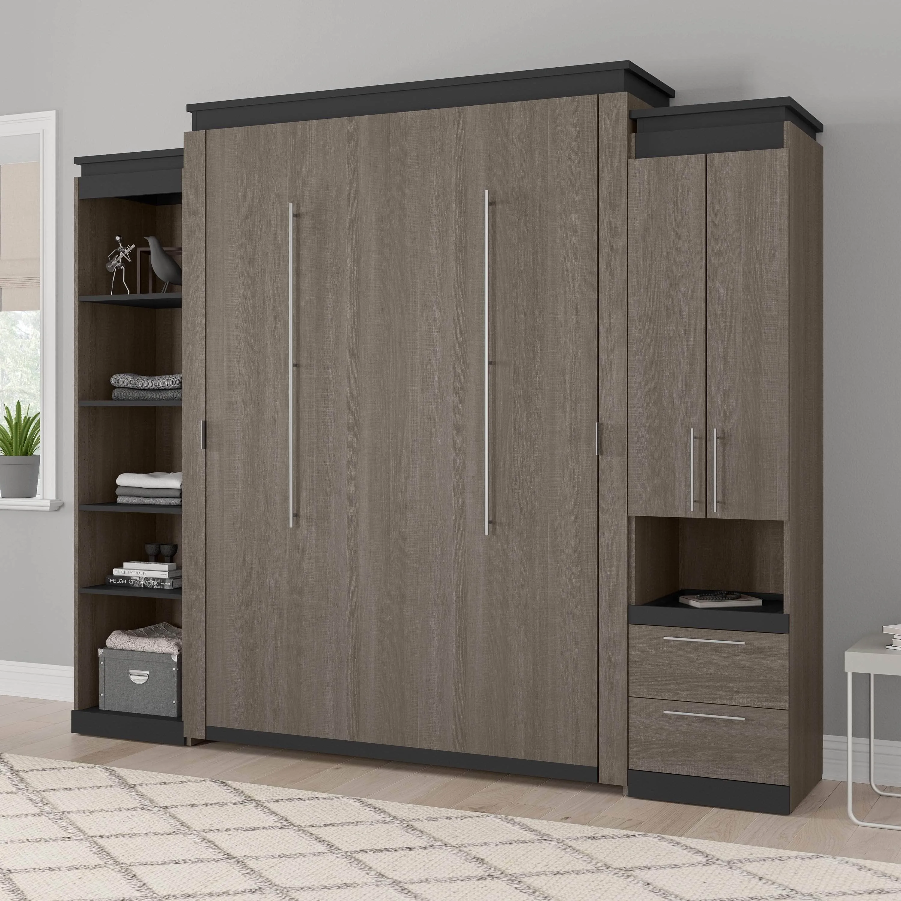 Orion 104"W Queen Murphy Wall Bed with Narrow Storage Solutions - Available in 2 Colours