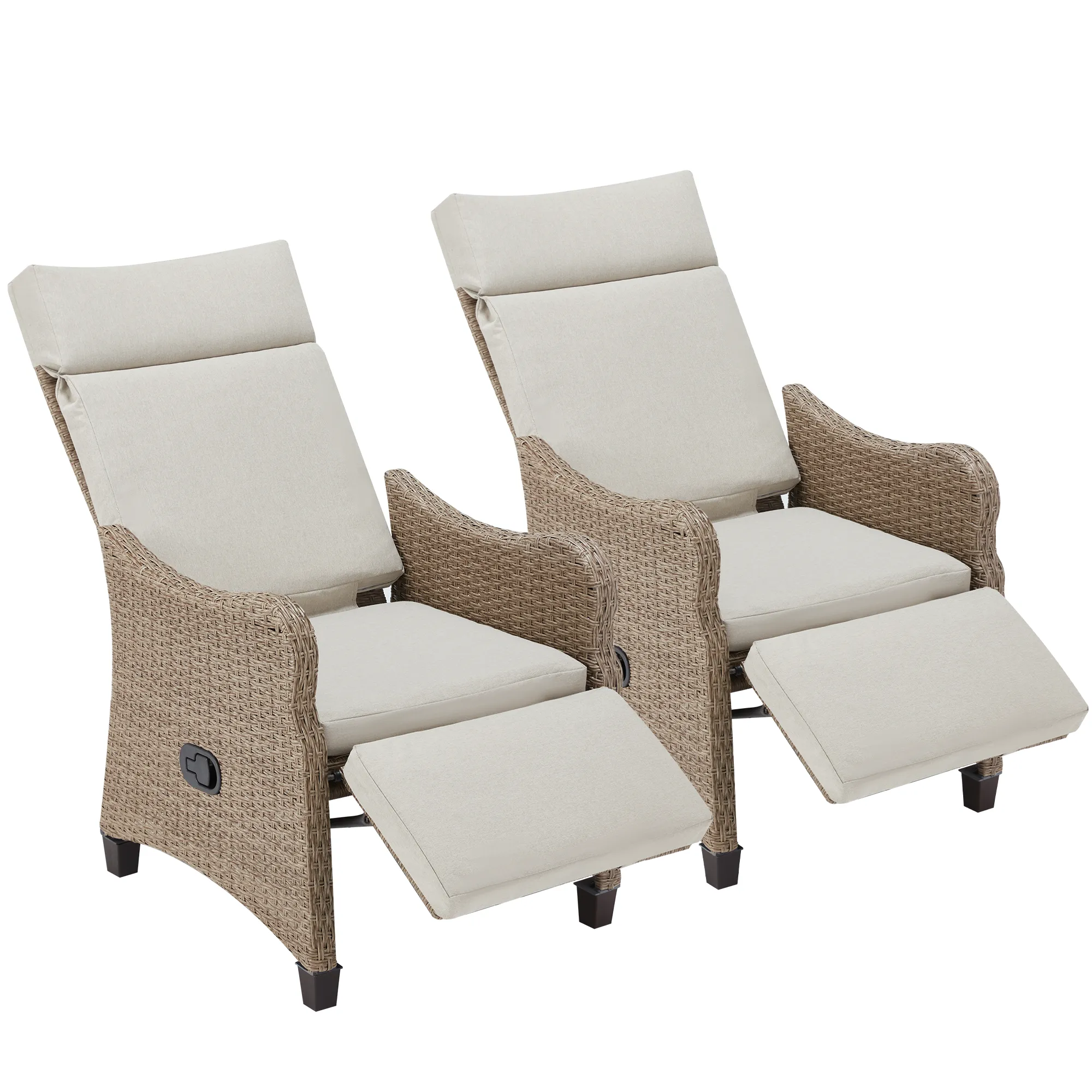 Outdoor Recliner Chair Set of 2, Rattan Lounge Chair with Removable Cushion for Patio Home Yard Garden, Beige