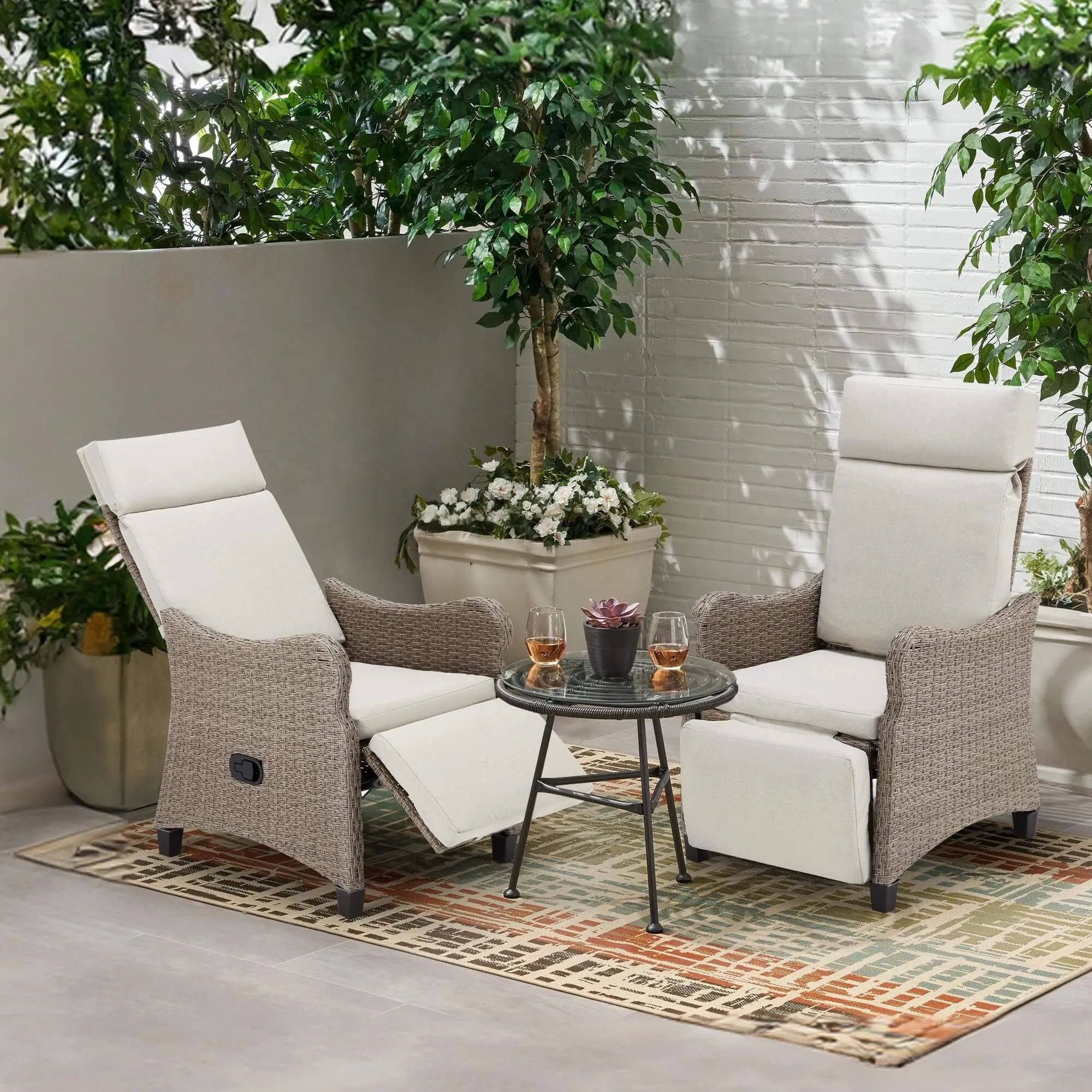 Outdoor Recliner Chair Set of 2, Rattan Lounge Chair with Removable Cushion for Patio Home Yard Garden, Beige