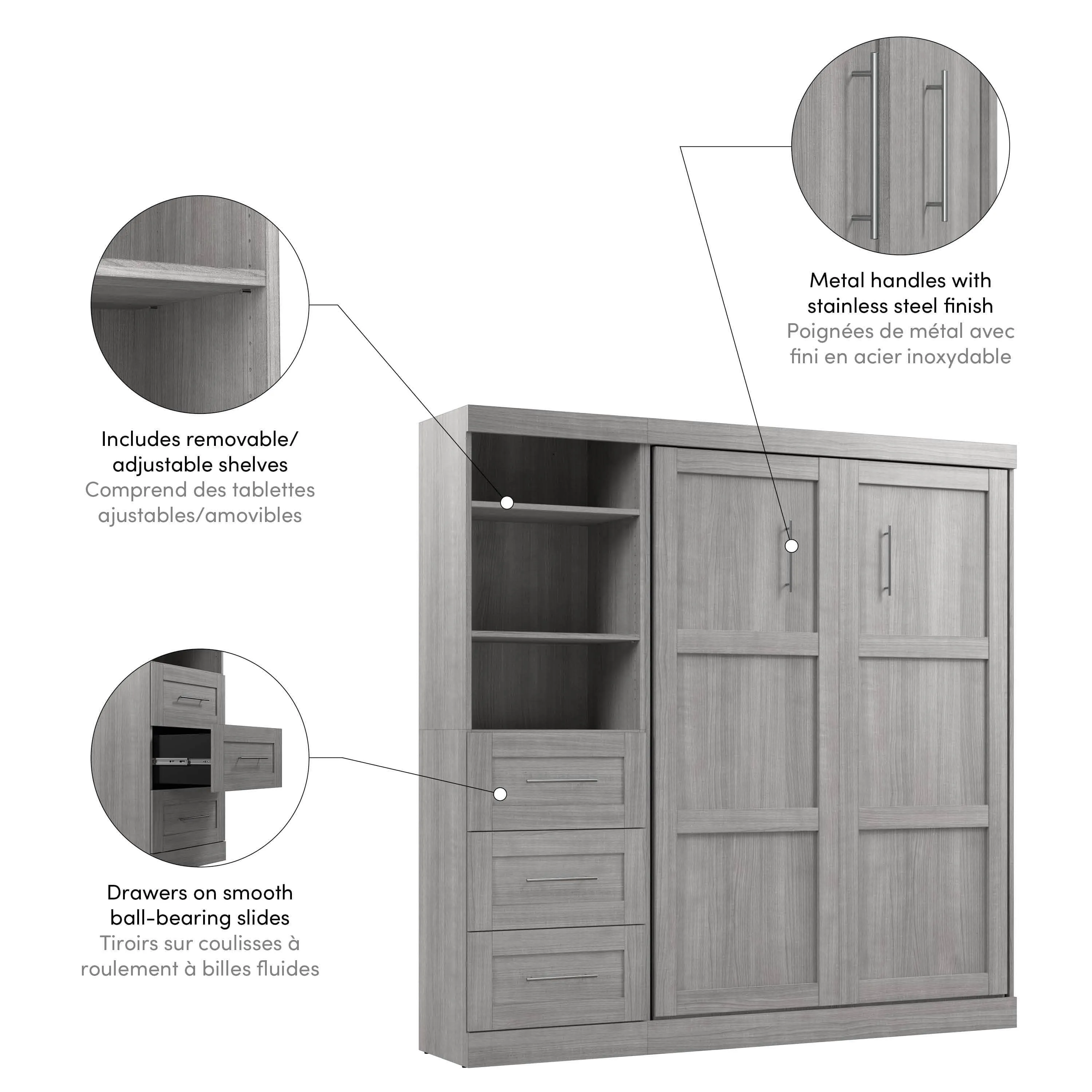 Pur Full Murphy Wall Bed and 1 Storage Unit with Drawers (84”) - Available in 7 Colours