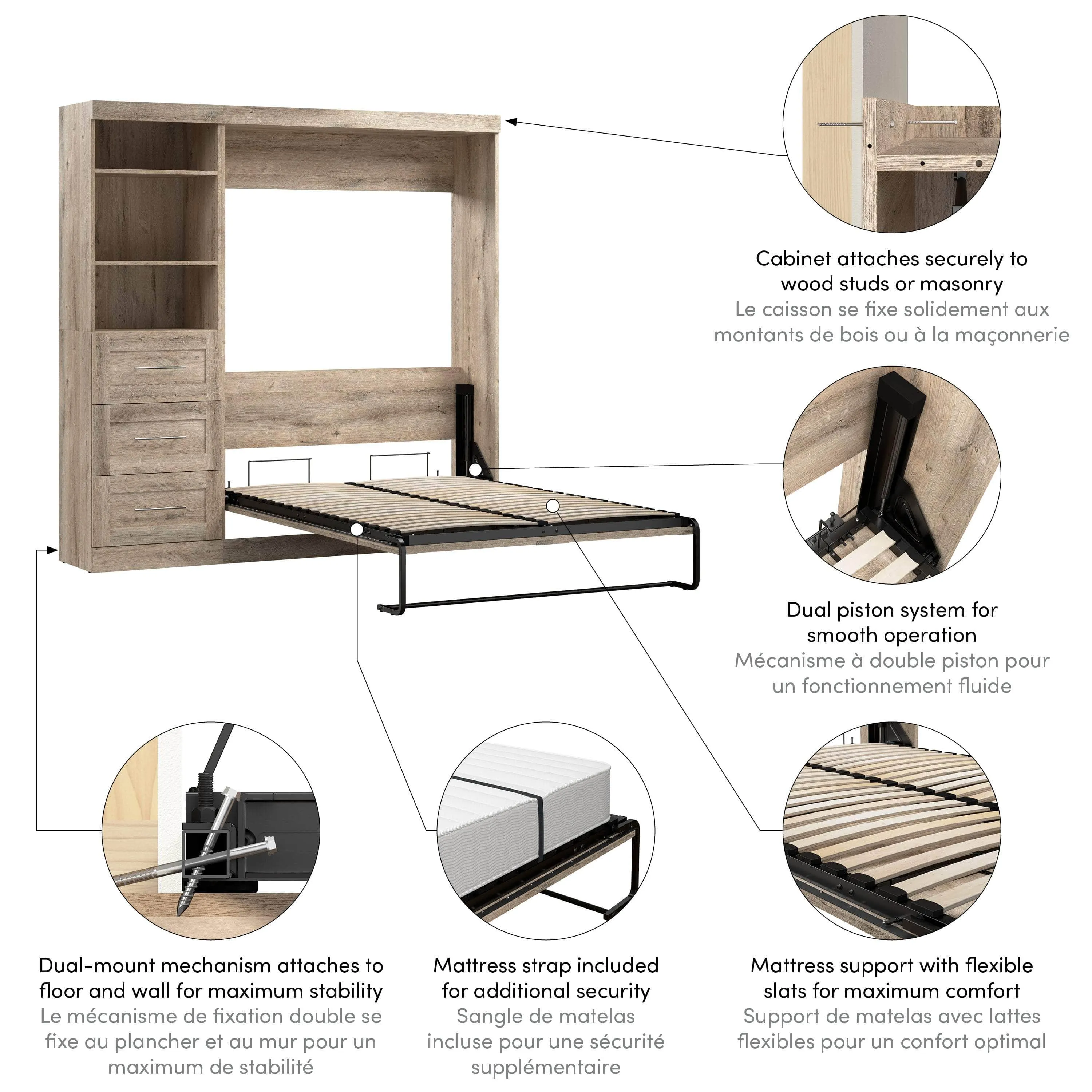 Pur Full Murphy Wall Bed and 1 Storage Unit with Drawers (84”) - Available in 7 Colours