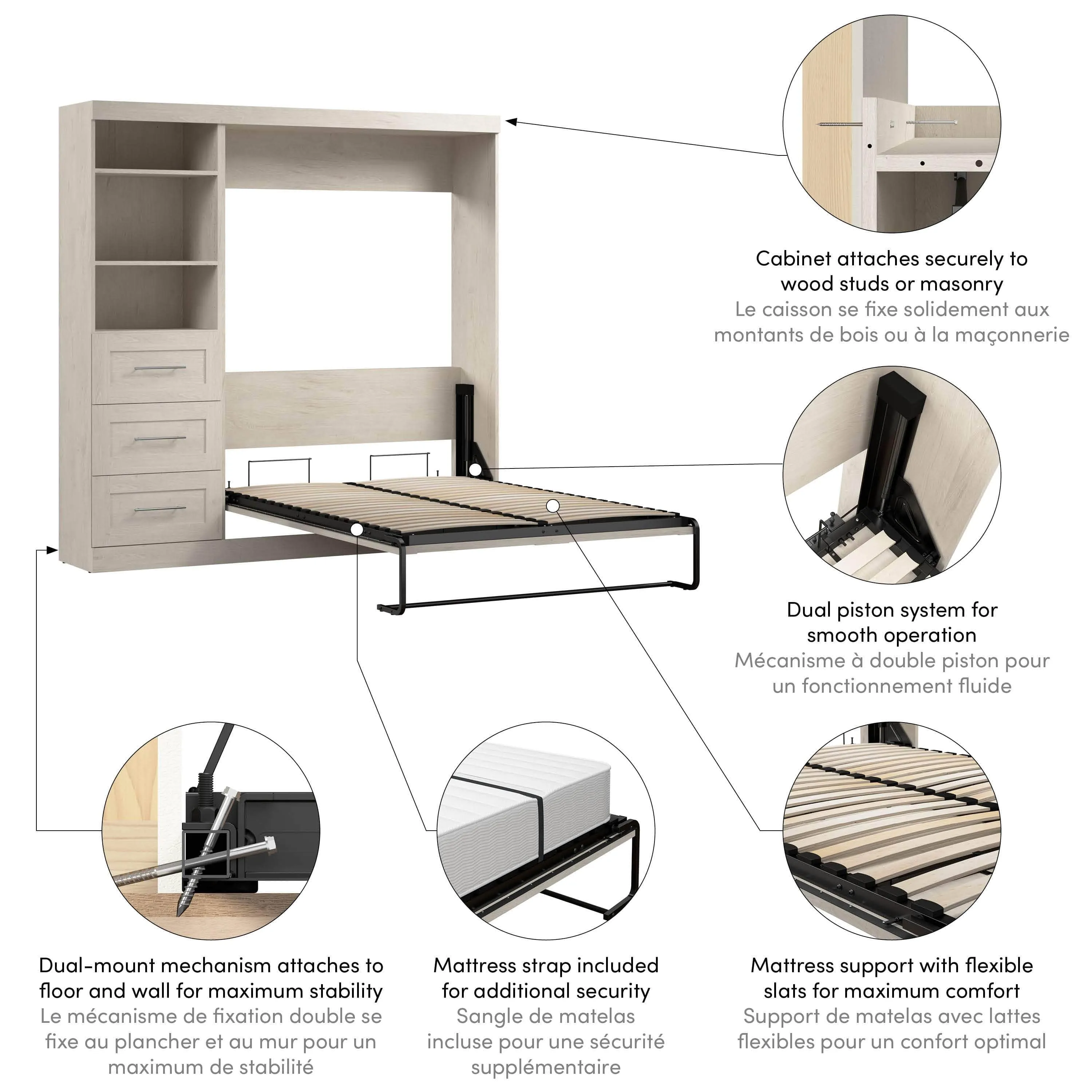 Pur Full Murphy Wall Bed and 1 Storage Unit with Drawers (84”) - Available in 7 Colours