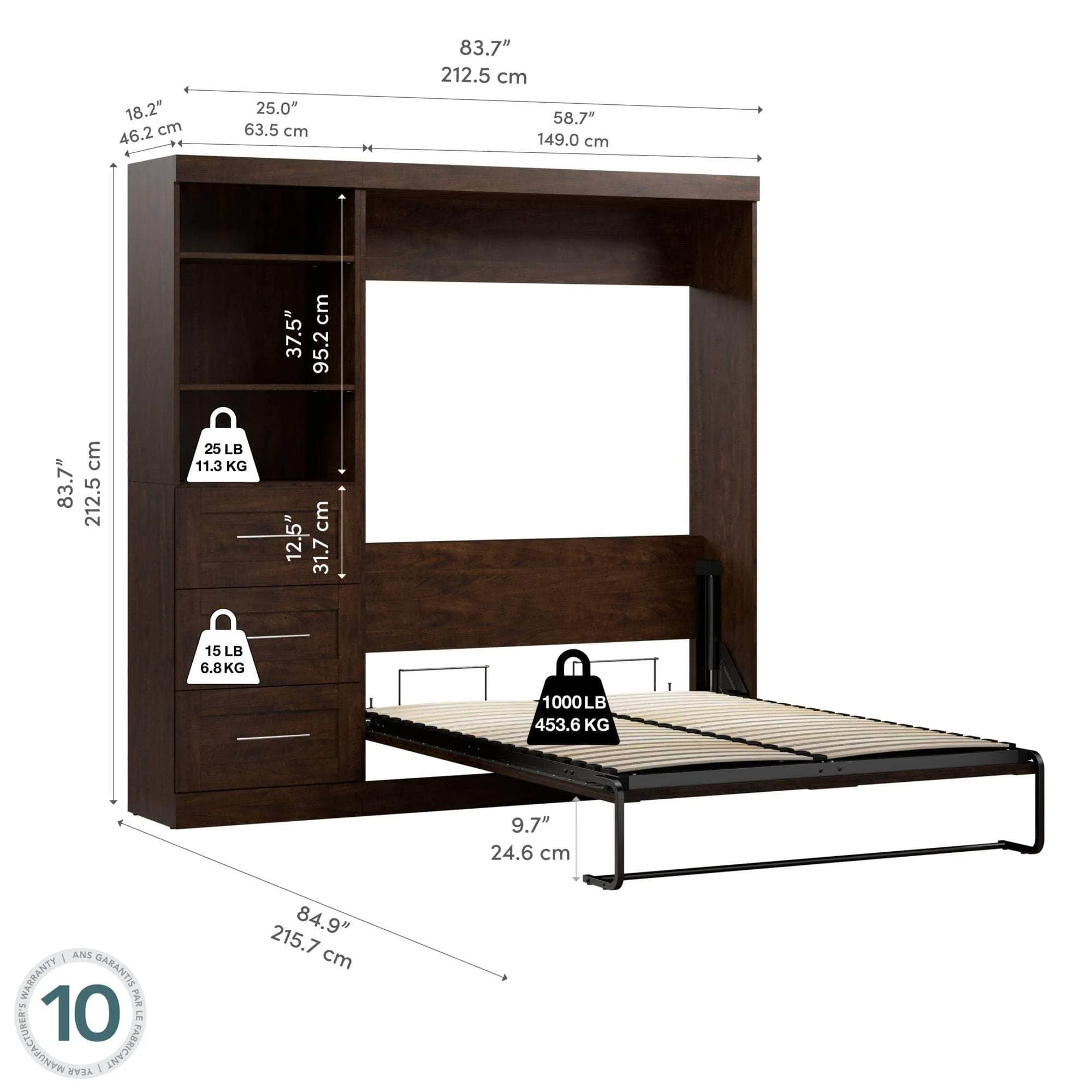 Pur Full Murphy Wall Bed and 1 Storage Unit with Drawers (84”) - Available in 7 Colours