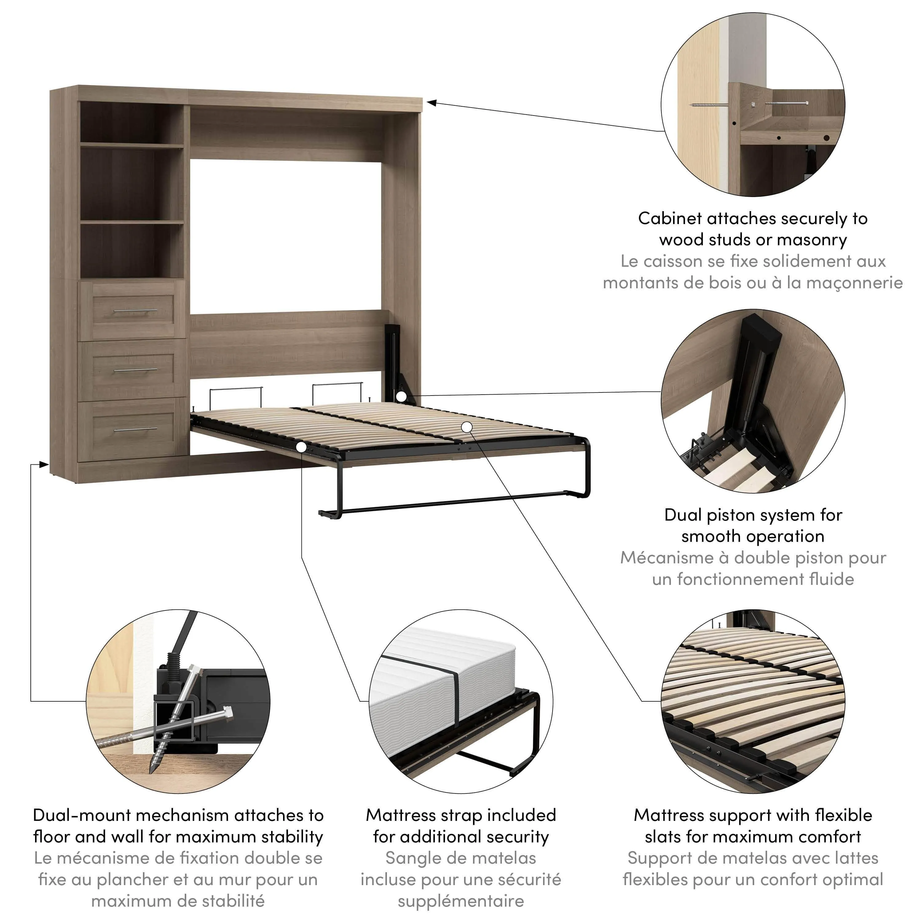 Pur Full Murphy Wall Bed and 1 Storage Unit with Drawers (84”) - Available in 7 Colours