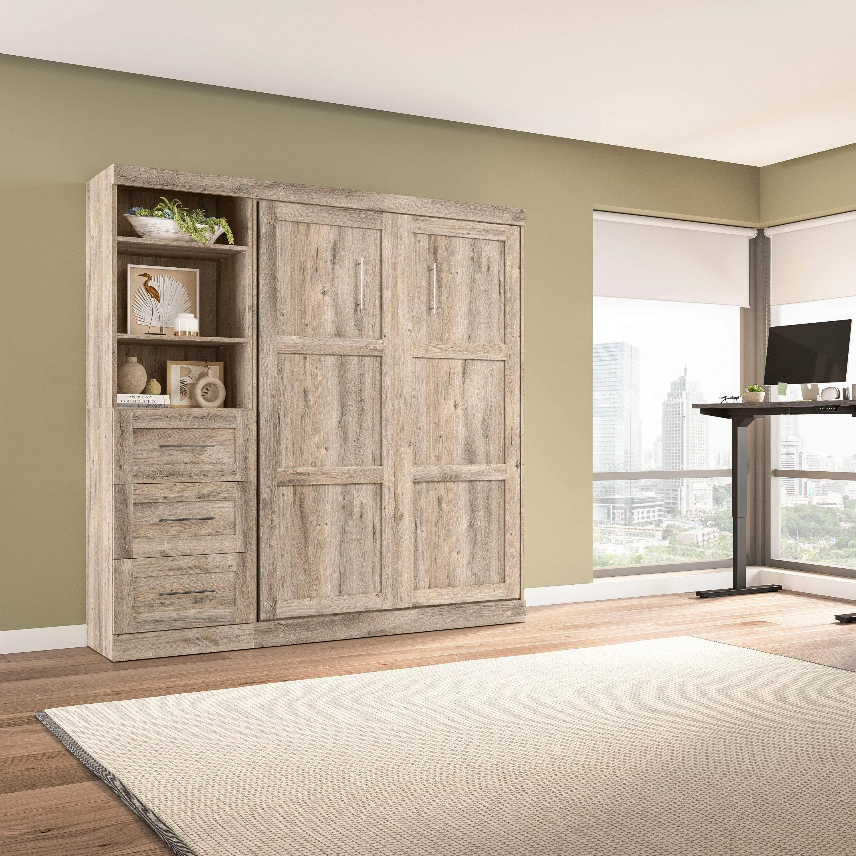 Pur Full Murphy Wall Bed and 1 Storage Unit with Drawers (84”) - Available in 7 Colours