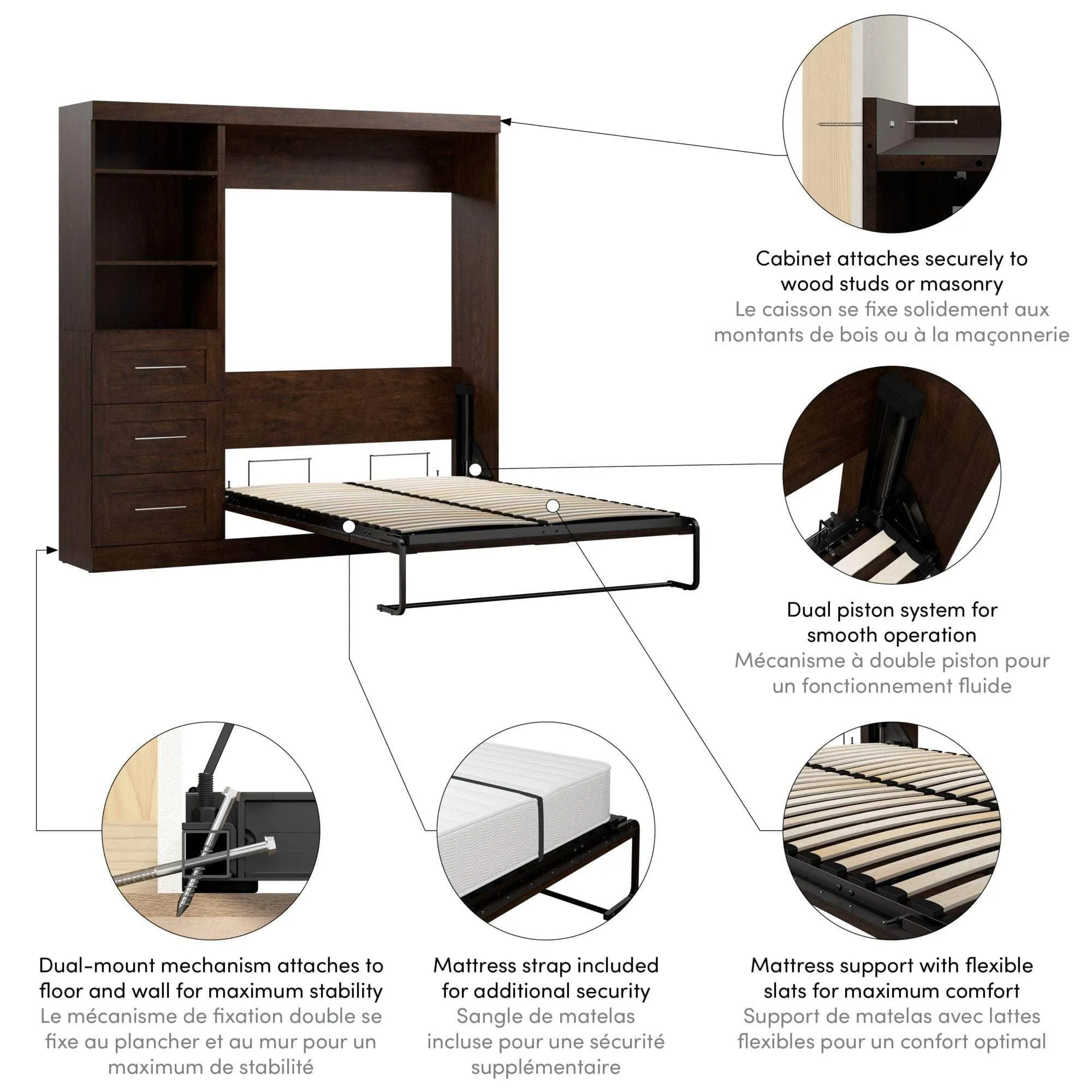 Pur Full Murphy Wall Bed and 1 Storage Unit with Drawers (84”) - Available in 7 Colours