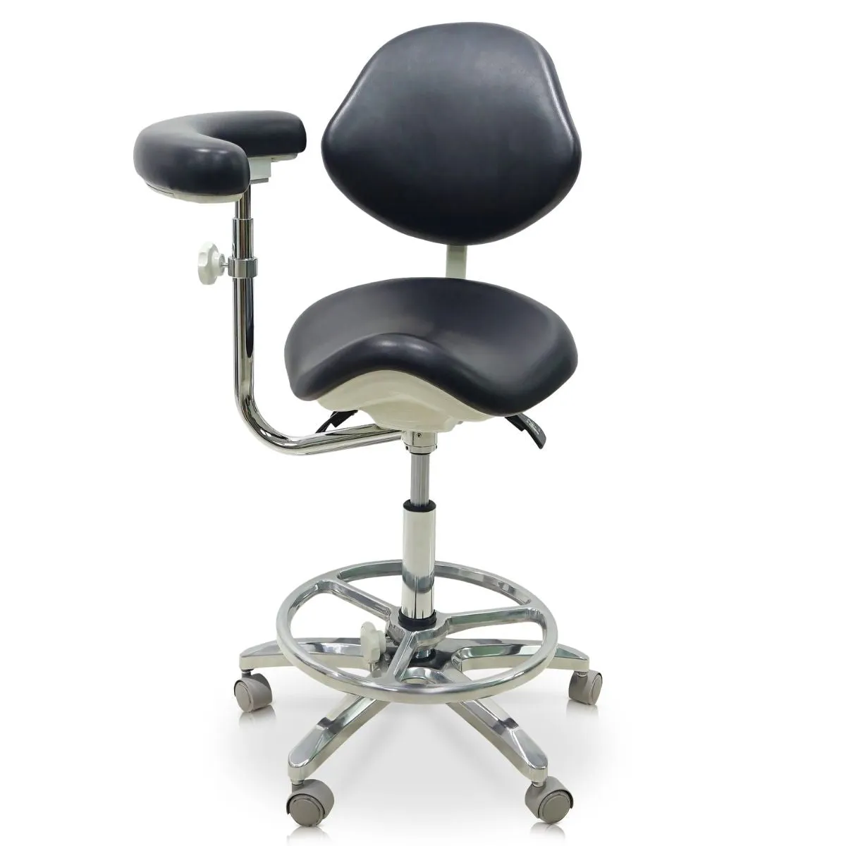 Saddle Style Dental Assistant Stool with Swing Arm and Footrest