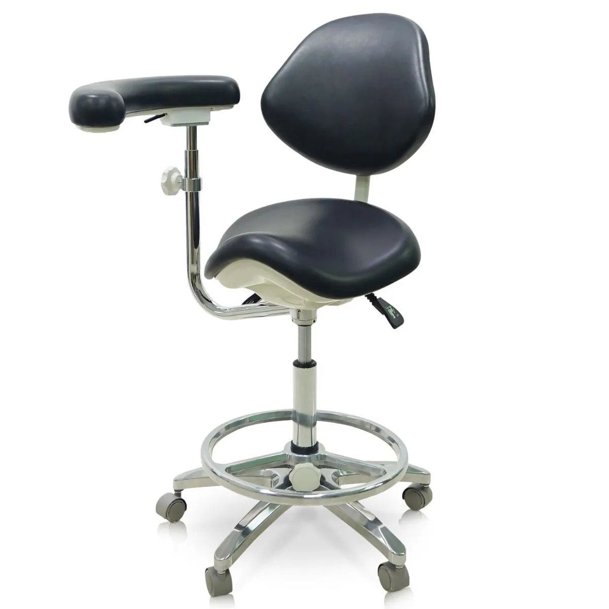 Saddle Style Dental Assistant Stool with Swing Arm and Footrest