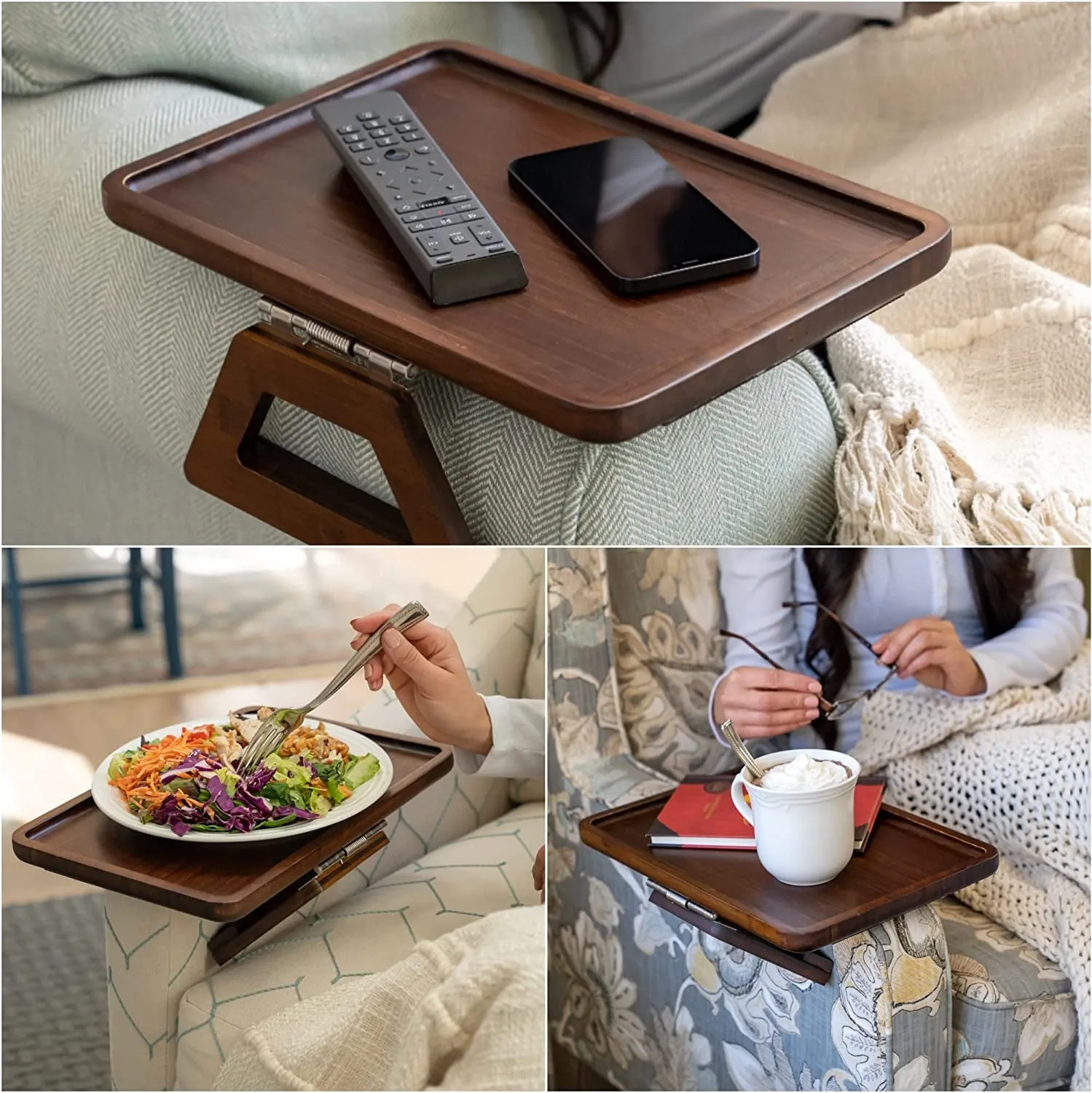 SH SIGNATURE HOME Arm Table Clip on Tray Sofa Table for Wide Couches. Couch Arm Tray Table, Portable Table, TV Table and Side Tables for Brown Regular 13.75 X 9.5Inch