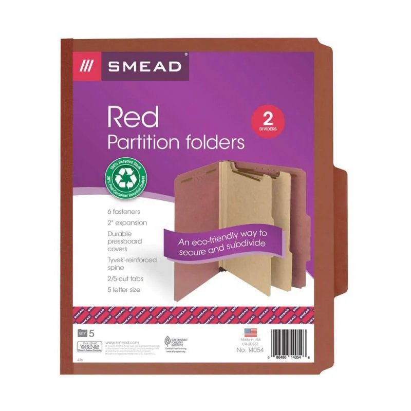 SMEAD 100% RECYCLED PRESSBOARD CLASSIFICATION FOLDER 2" RED