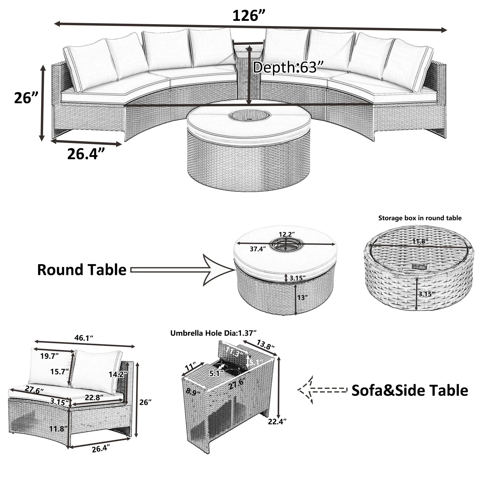 TOPMAX 6 Pieces Outdoor Sectional Half Round Patio Rattan Sofa Set, PE Wicker Conversation Furniture Set w/ One Storage Side Table for Umbrella and One Multifunctional Round Table, Brown  Gray
