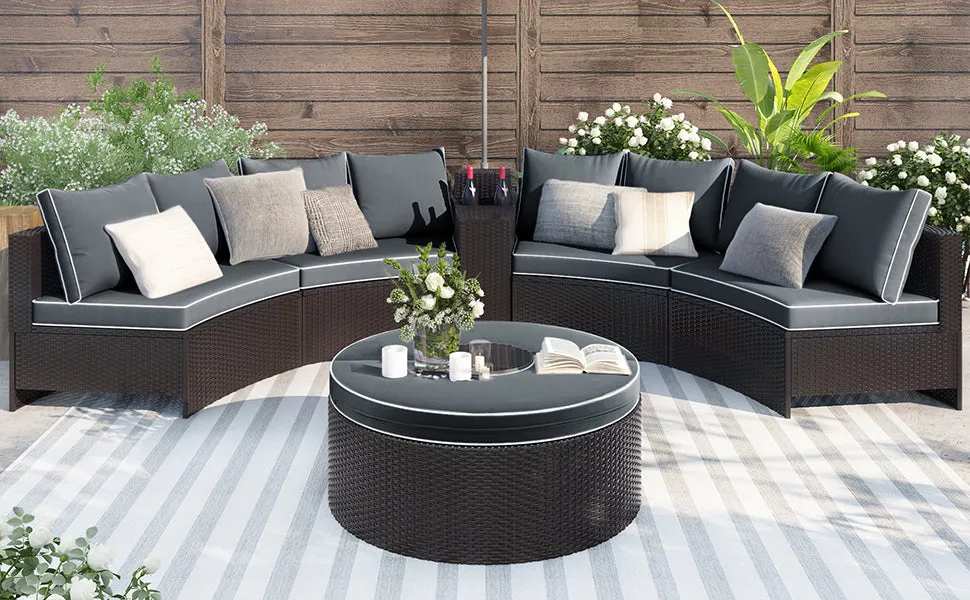 TOPMAX 6 Pieces Outdoor Sectional Half Round Patio Rattan Sofa Set, PE Wicker Conversation Furniture Set w/ One Storage Side Table for Umbrella and One Multifunctional Round Table, Brown  Gray