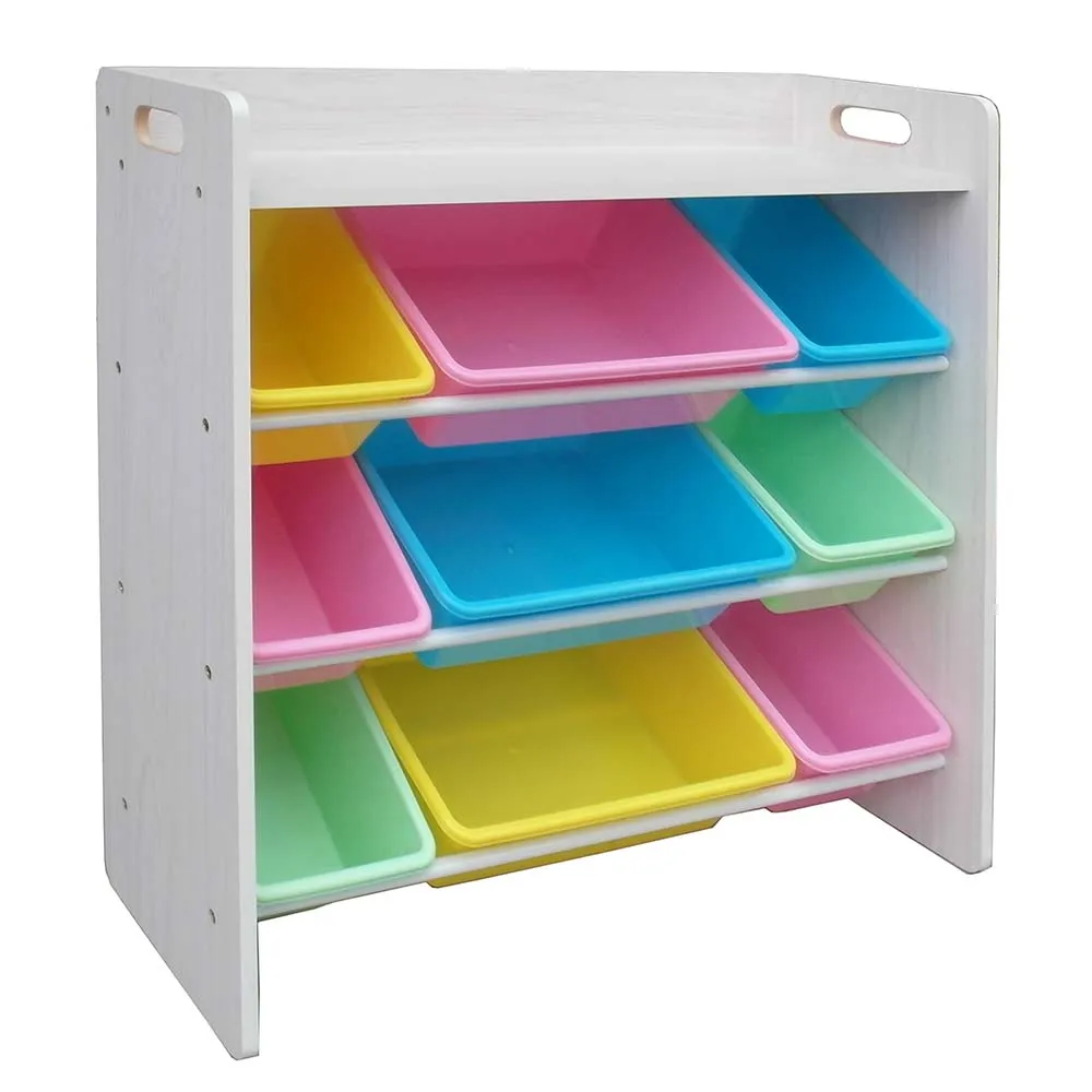 Toy Storage Rack With Top Board: White Wood 9 Bin Pastel