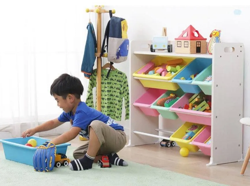 Toy Storage Rack With Top Board: White Wood 9 Bin Pastel