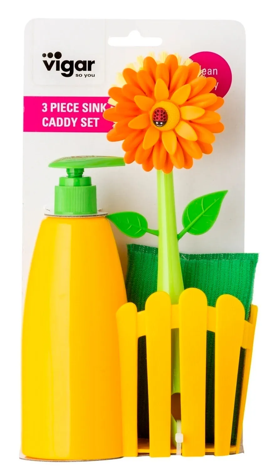 Vigar Flower Power 3pc Sink Caddy Set   Dispenser (Pink or Orange Colour)