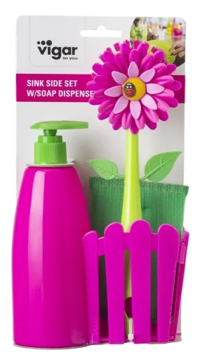 Vigar Flower Power 3pc Sink Caddy Set   Dispenser (Pink or Orange Colour)