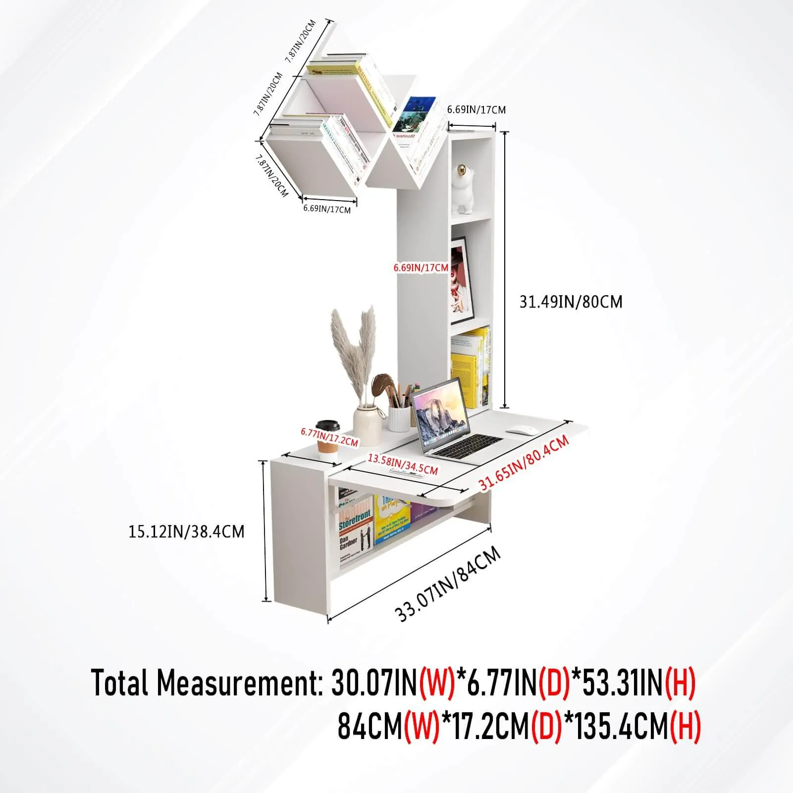 White Plywood Wall Mounted Fold Down Desk with Bookshelves, Space Saving Home Office