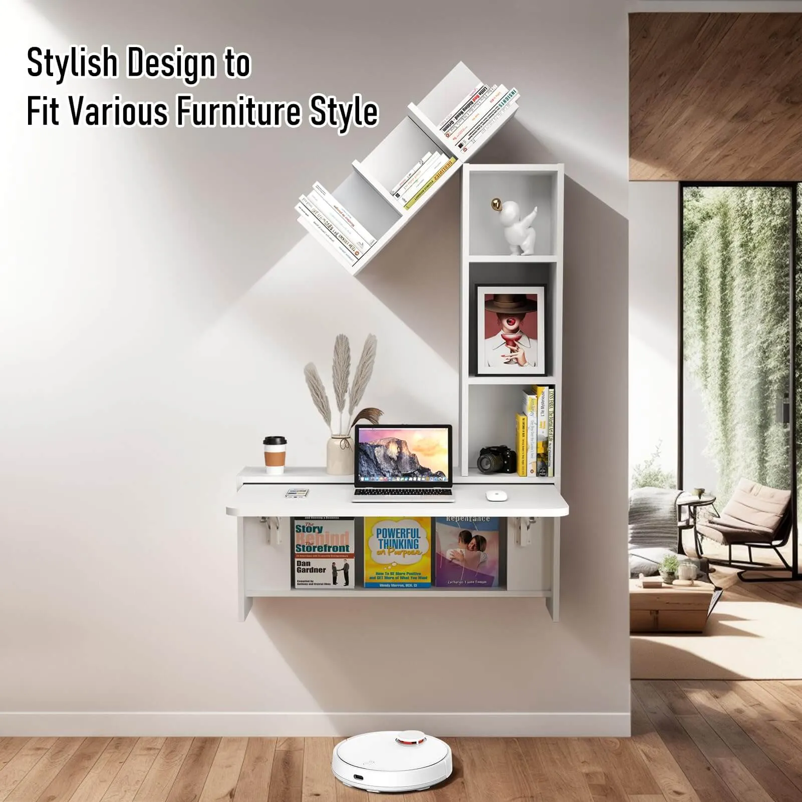 White Plywood Wall Mounted Fold Down Desk with Bookshelves, Space Saving Home Office