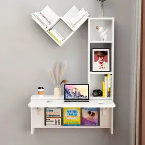 White Plywood Wall Mounted Fold Down Desk with Bookshelves, Space Saving Home Office