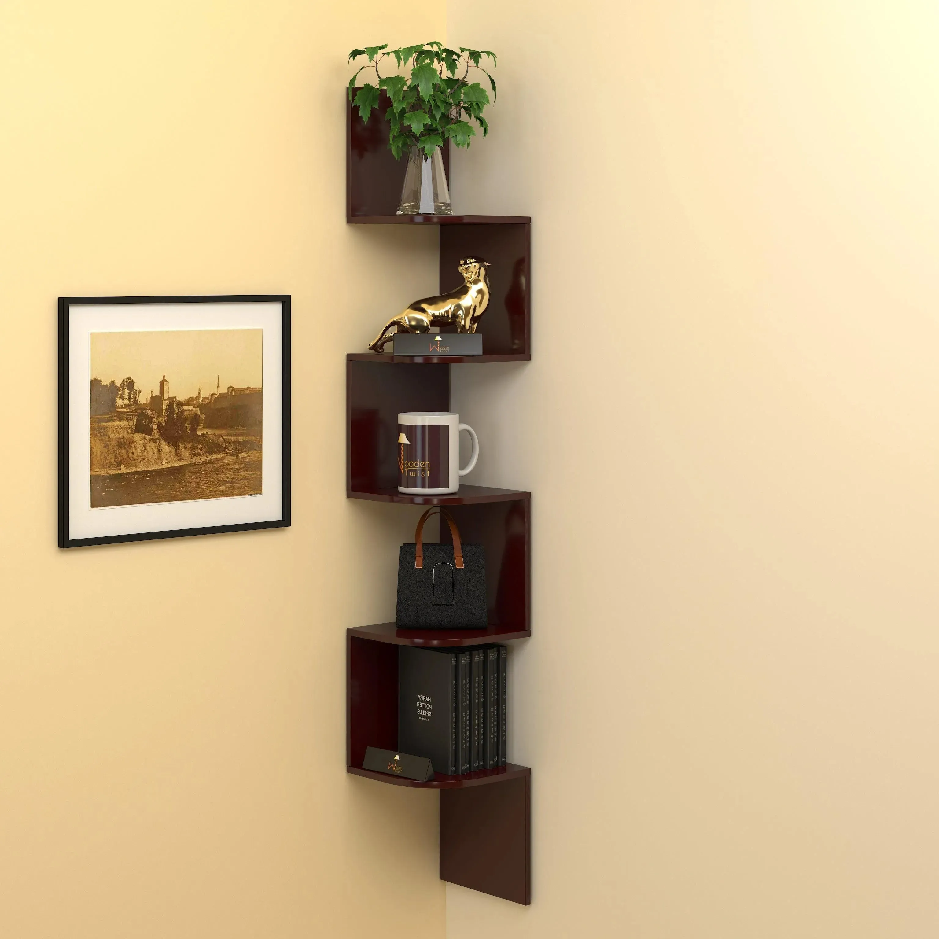 Wooden Fancy Zigzag Wall Mount Floating Corner Wall Shelf