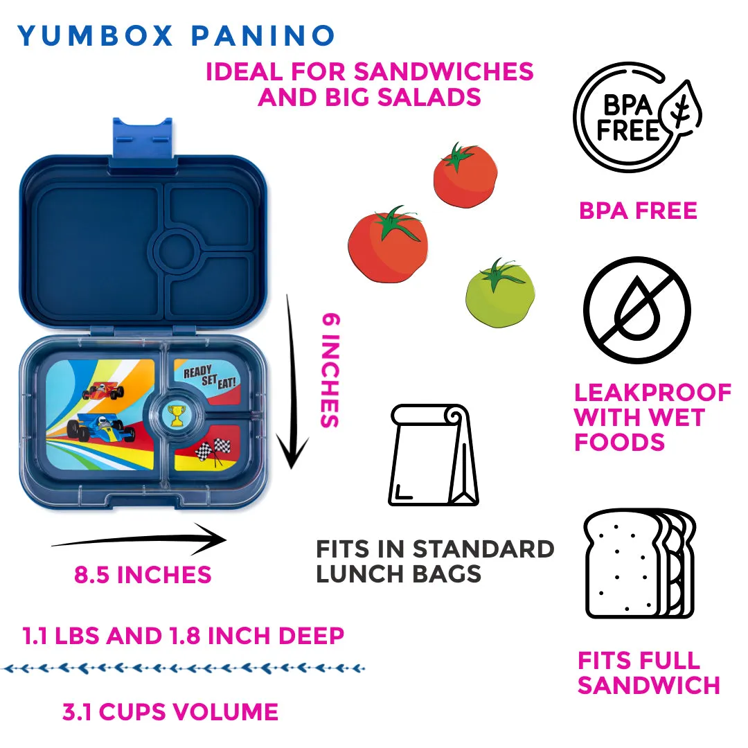 Yumbox Panino - 4 Compartment Lunch Box - Monte Carlo Blue Race Cars