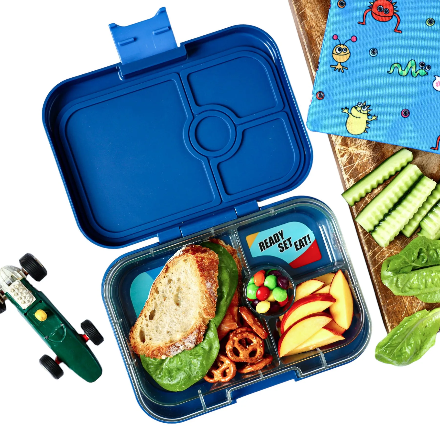 Yumbox Panino - 4 Compartment Lunch Box - Monte Carlo Blue Race Cars